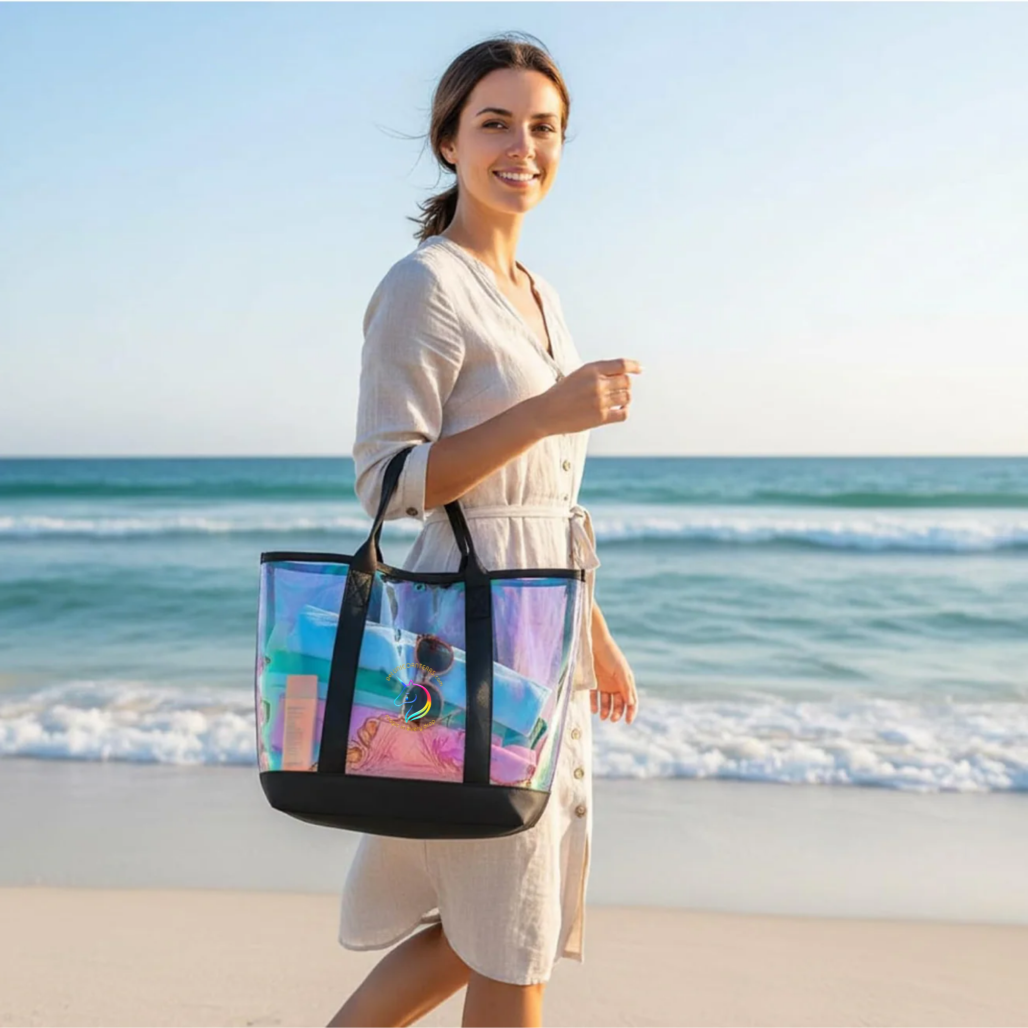 Stadium Holographic Bag with Zipper and Water Bottle/Phone Pocket