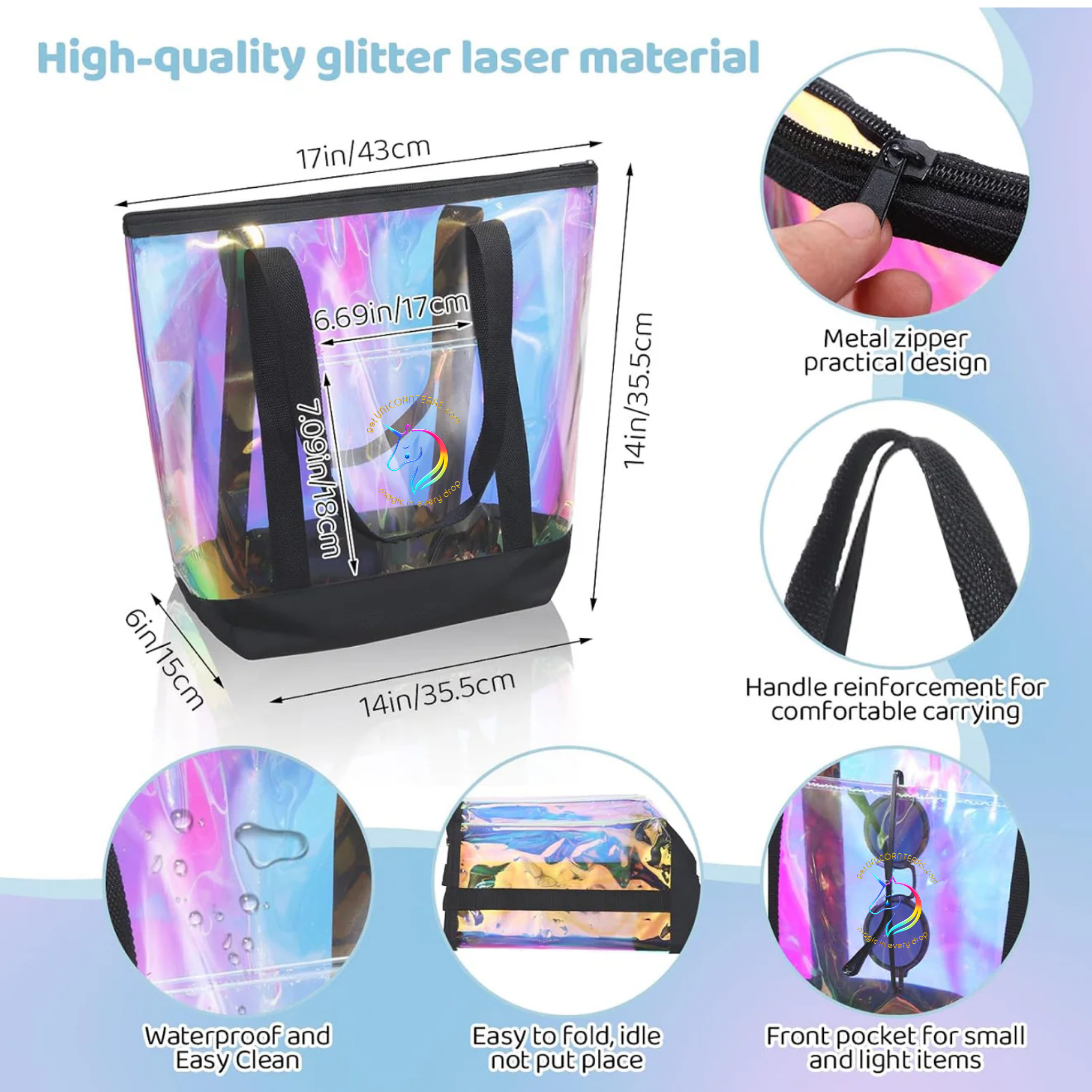 Stadium Holographic Bag with Zipper and Water Bottle/Phone Pocket