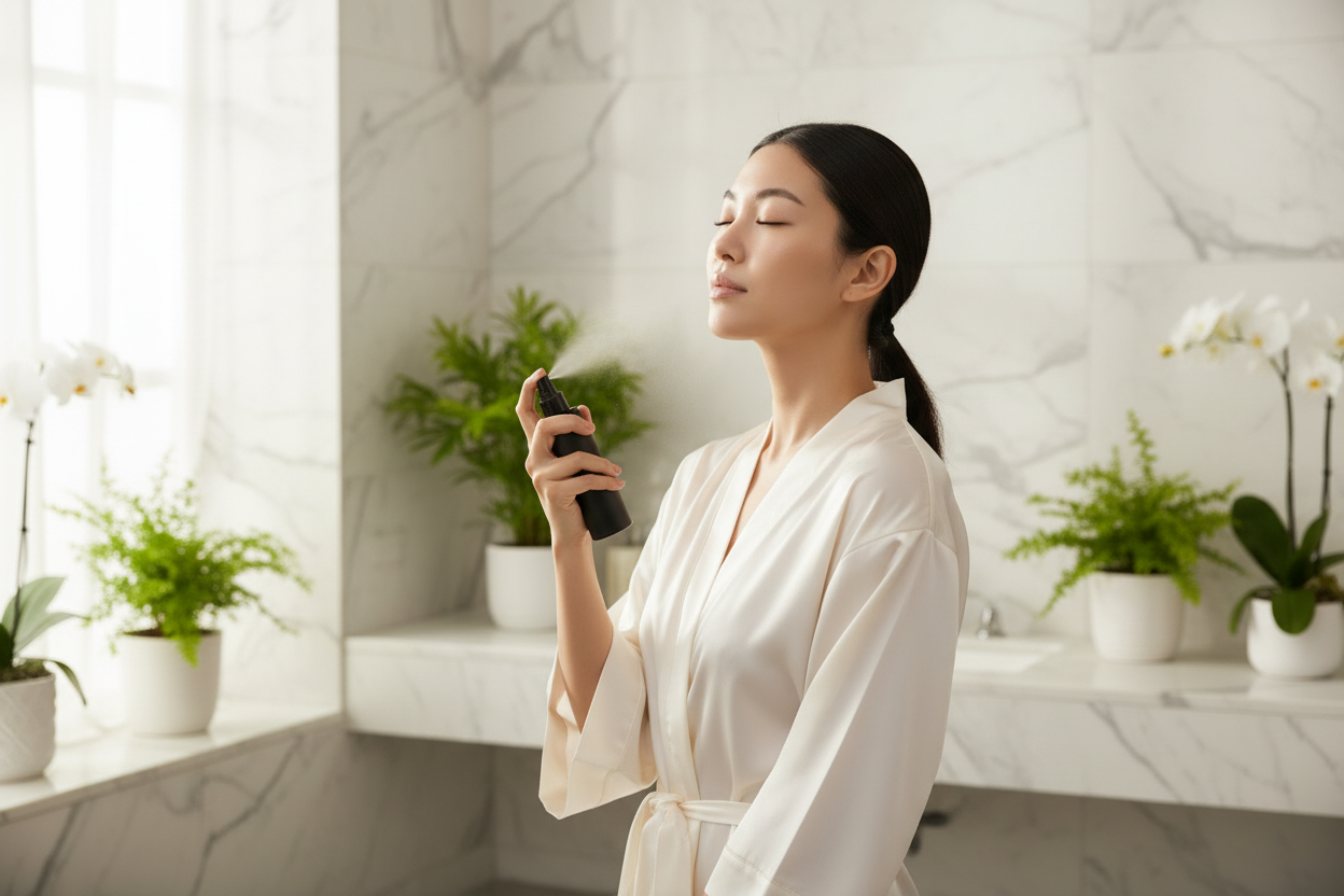 asian model spraying face spray with balck bottle