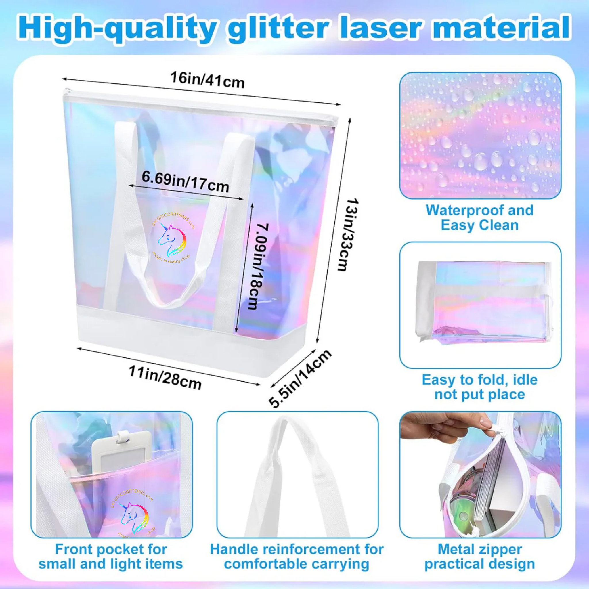 Stadium Holographic Bag with Zipper and Water Bottle/Phone Pocket