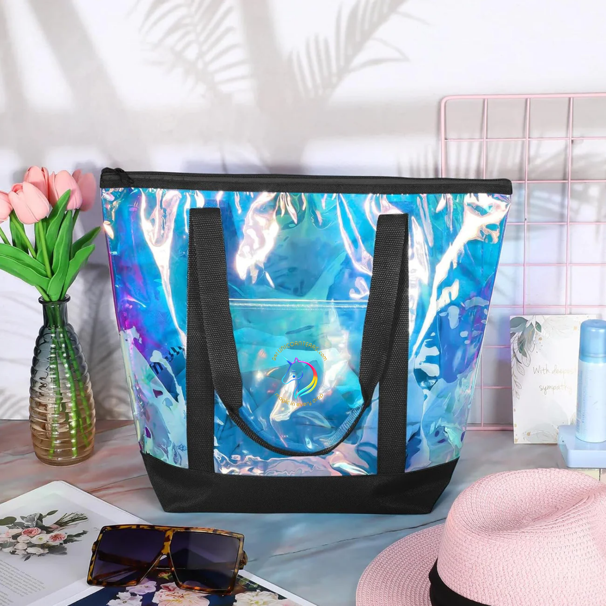 Stadium Holographic Bag with Zipper and Water Bottle/Phone Pocket